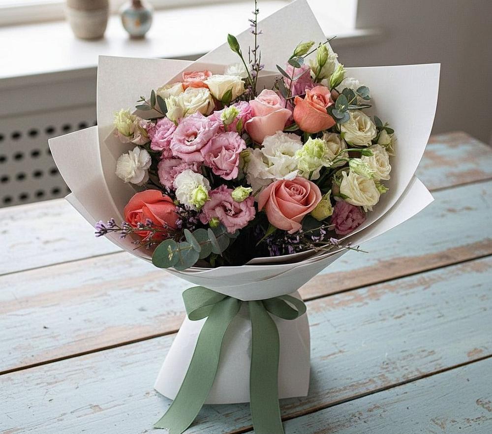 Букет цветов из: Розы, Лизиантусы и Гвоздики в Чурилково