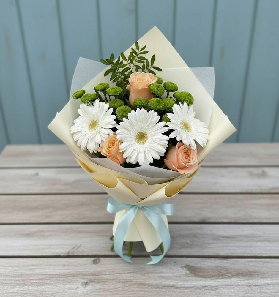 Букет цветов из: Герберы, Розы и Хризантемы в Чурилково