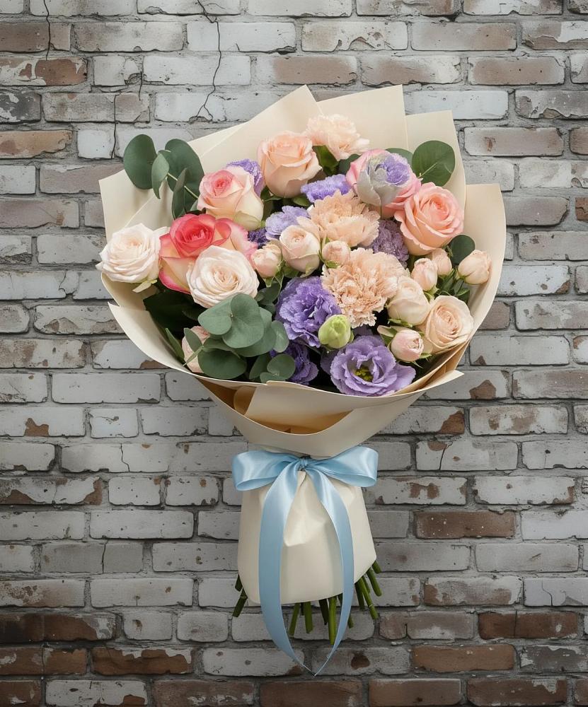 Букет цветов из: Розы, Лизиантусы и Гвоздики в Чурилково