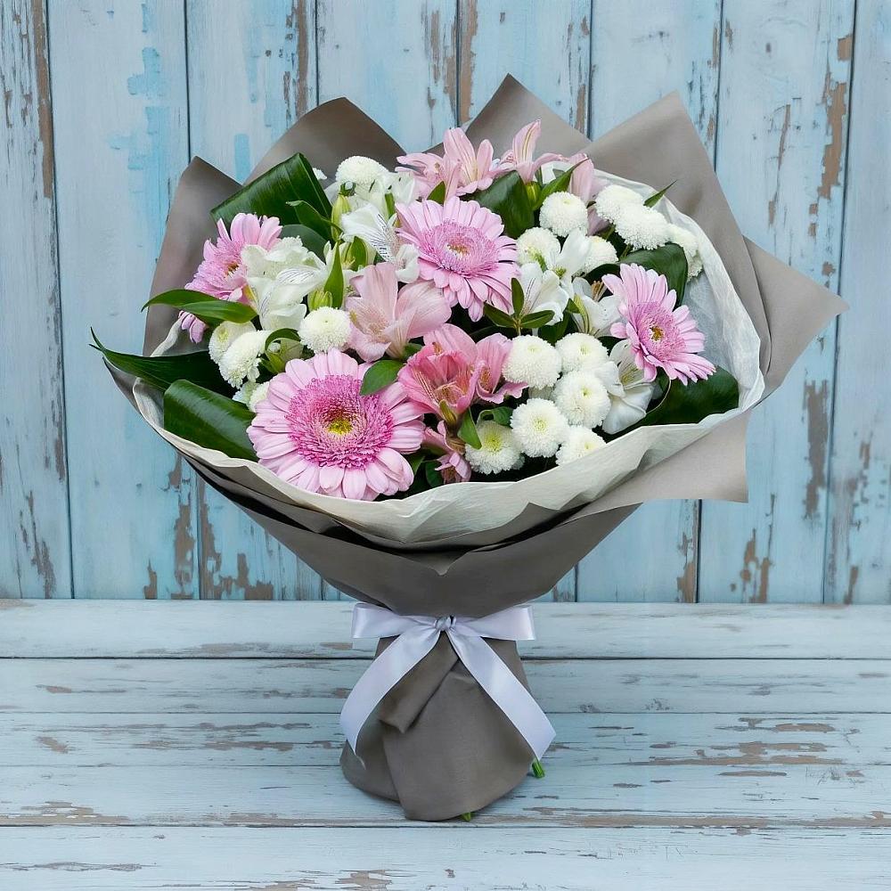 Букет цветов из: Герберы, Альстромерии и Хризантемы в Чурилково
